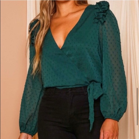 Women’s hunter green Swiss dot surplice holiday wrap blouse top - Picture 6 of 7